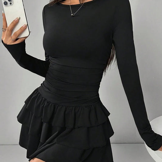 Элегантное черное облегающее женское платье с длинным рукавом и рюшами, повседневное платье