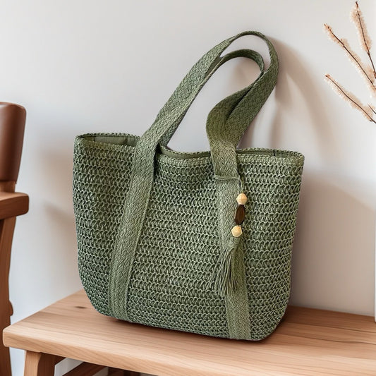 Сумка ручной работы с кисточками из деревянных бусин в корейском стиле, большая вместительная соломенная сумка,